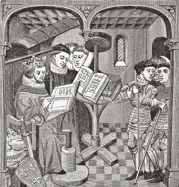 King Robert, Son Of Hugh Capet, Composing Sequences And Responses In Latin. After A Miniature From The 14Th Century Manuscript Chroniques De France. From Science And Literature In The Middle Ages By Paul Lacroix Published London 1878
