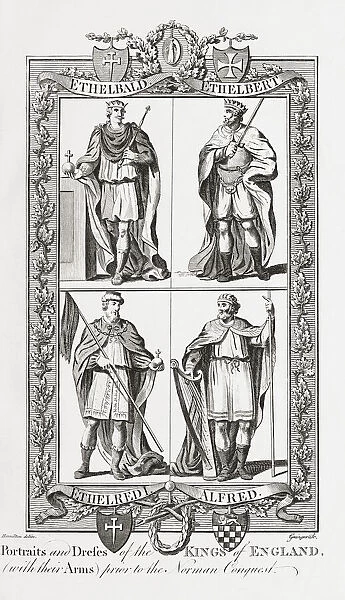 Four kings of England prior to the Norman conquest. Ethelbald, Ethelbert, Ethelred I and Alfred. Engraving from The New, Impartial and Complete History of England by Edward Barnard, published in London 1783