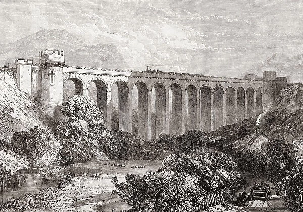 The Knucklas Viaduct on the Heart of Wales Railway Line, Wales, seen here on its completion in 1865. From The Illustrated London News, published 1865