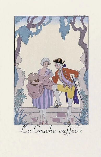 La Cruche cassee. The broken pitcher. Print showing 18th century French clothing from George Barbier's almanac Falbalas et Fanfreluches 1922 - 1926. After a work by French illustrator George Barbier, 1882 - 1932