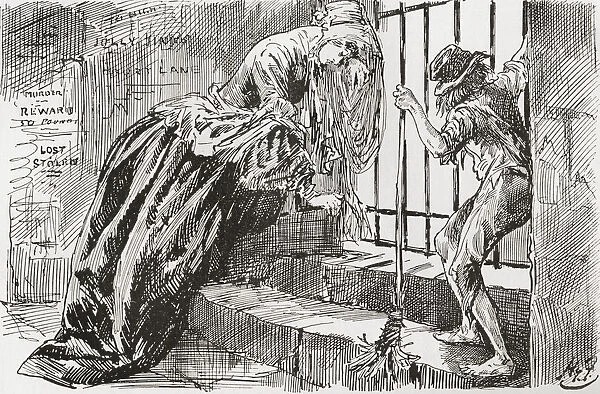 Lady Dedlock And Jo. 'he Was Put There, 'Says Jo, Holding To The Bars And Looking In, While Lady Dedlock Shrinks Into A Corner. Illustration By Harry Furniss For The Charles Dickens Novel Bleak House, From The Testimonial Edition, Published 1910