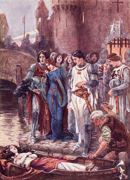 Lancelot Looks At The Dead Lady Of Shalott On Her Arrival At Camelot. Coloured Illustration From The Book The Gateway To Tennyson Published 1910