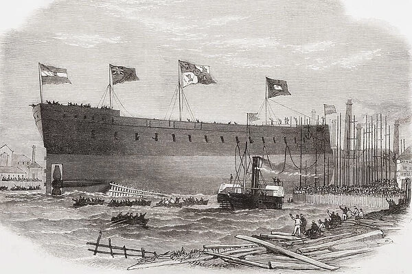 The launch of the Victoria, iron-clad frigate built for the Queen of Spain at Blackwall Yard, River Thames, London, England, 1865. From The Illustrated London News, published 1865