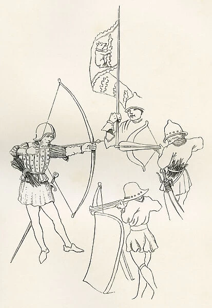 From Left Clockwise, An Archer, The Standard Of Richard, Earl Of Warwick, A Crossbow Man And A Pavoiser. From The British Army: Its Origins, Progress And Equipment, Published 1868