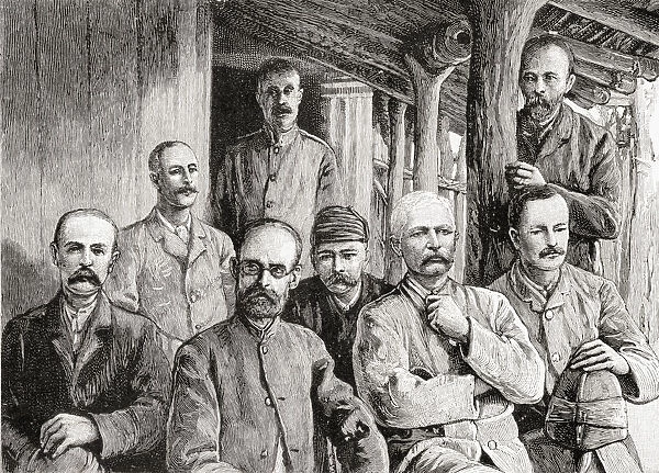 From Left To Right, Stanley, Emin, Casati And Officers At Mackays Missionary Station At Usambiro, During Stanleys Emin Pasha Relief Expedition, In Africa In 1889. Sir Henry Morton Stanley, 1841 To 1904. Welsh Journalist And Explorer Of Africa. Gaetano Casati, 1838 To 1902. Italian Explorer Of Africa. Mehmet Emin Pasha, 1840 To 1892. Physician, Naturalist And Governor Of The Egyptian Province Of Equatoria On The Upper Nile. From In Darkest Africa By Henry M. Stanley Published 1890