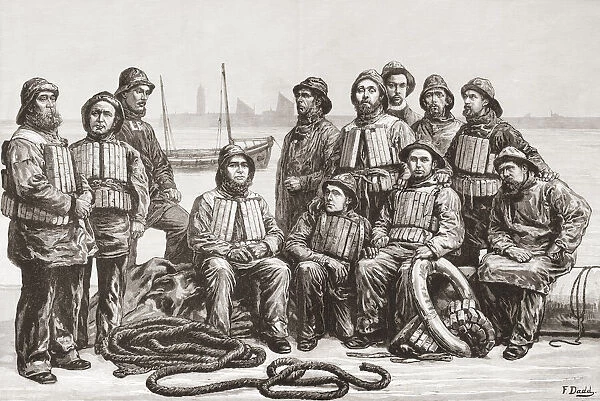 A lifeboat crew ready for service, 19th century. From The London Illustrated News, published 1881