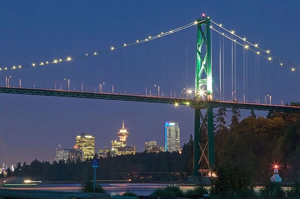Lions Gate Bridge And Downtown Vancouver From Ambleside Park; West Vancouver, British Columbia, Canada