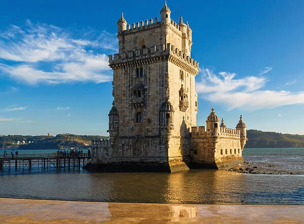 Lisbon, Portugal. The 16th century Torre de Belem or Belem tower. The tower is an important example of Manueline architecture and a UNESCO World Heritage Site