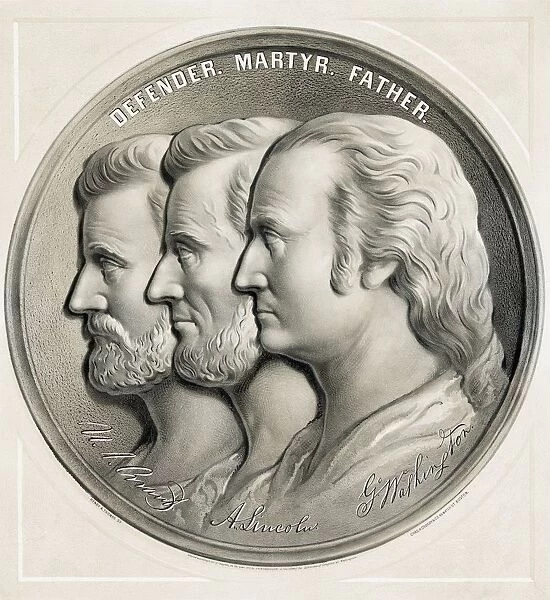 Lithograph From 1870 Of Medallion Showing Ulysses S. Grant, Abraham Lincoln And George Washington As Defender, Martyr And Father
