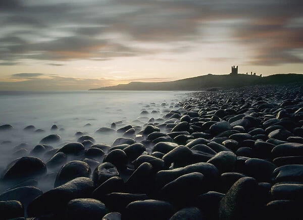 Looking Along Boulder Covered Beach Towards Dunstanburgh Castle At Dawn