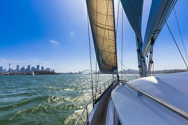 Looking forward to the CBD of Sydney from a sailboat in the Sydney Harbour in Sydney, New South Wales, Australia