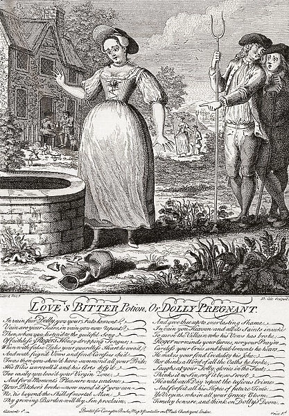Loves Bitter Potion Or Dolly Pregnant. After Discovering She Is Pregnant Dolly Stares Into The Well, Contemplating Suicide. The Broken Pitcher Beside The Well Perhaps Symbolizes Her Lost Virginity. The Gossiping Farm Boys Spread Details Of Her Shame. After An 18th Century Work By Boitard. From Illustrierte Sittengeschichte Vom Mittelalter Bis Zur Gegenwart By Eduard Fuchs, Published 1909