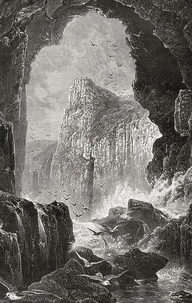 The Lydstep Cavern, Pembrokeshire, Wales, seen here in the 19th century. From Welsh Pictures, published 1880