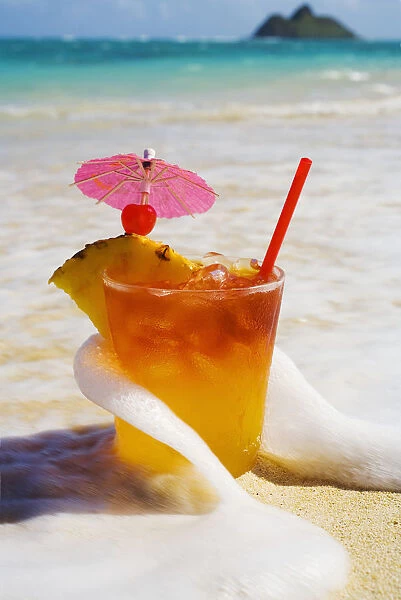 Mai Tai Getting Splashed By A Wave As It Rest On The Beach