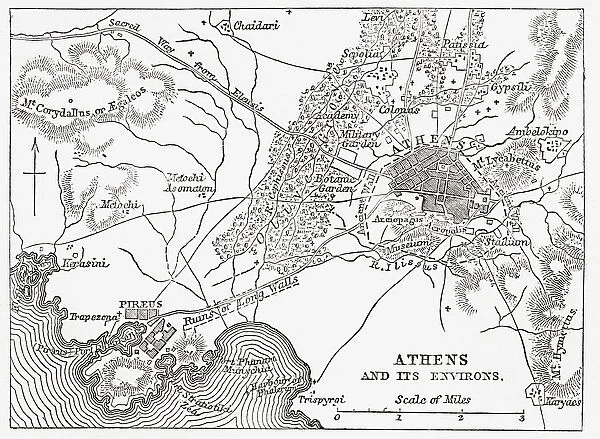 Map Of Athens And Piraeus, Greece, Mid 19th Century. From The Imperial Bible Dictionary, Published 1889