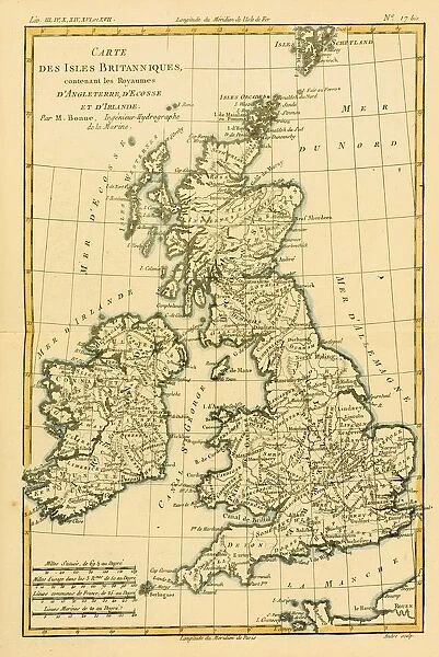 Map Of The British Isles, Circa. 1760. From 'Atlas De Toutes Les Parties Connues Du Globe Terrestre 'By Cartographer Rigobert Bonne. Published Geneva Circa. 1760