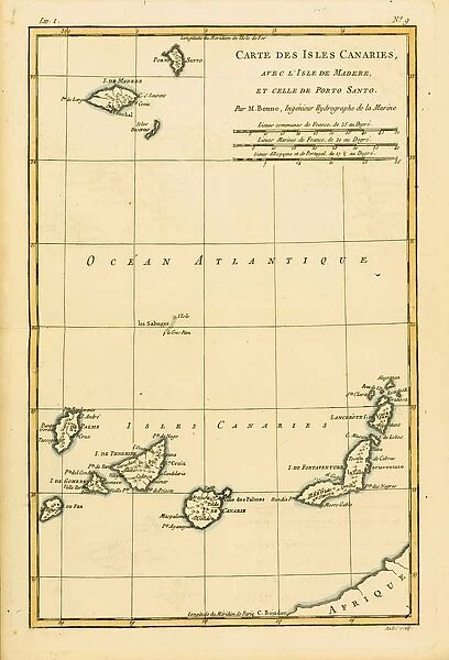 Map Of The Canary Isles, Madeira And Porto Santo, Circa. 1760. From 'Atlas De Toutes Les Parties Connues Du Globe Terrestre 'By Cartographer Rigobert Bonne. Published Geneva Circa. 1760