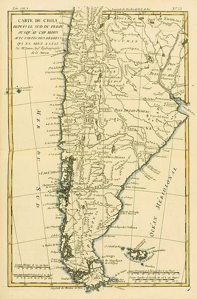 Map Of ChilA©And Southern Peru To Cape Horn, Circa. 1760. From 'Atlas De Toutes Les Parties Connues Du Globe Terrestre 'By Cartographer Rigobert Bonne. Published Geneva Circa. 1760