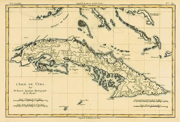 Map Of Cuba Circa. 1760. From 'Atlas De Toutes Les Parties Connues Du Globe Terrestre 'By Cartographer Rigobert Bonne. Published Geneva Circa. 1760