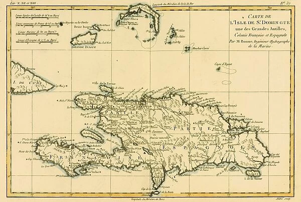 Map Of The Dominican Republic Circa. 1760. From 'Atlas De Toutes Les Parties Connues Du Globe Terrestre 'By Cartographer Rigobert Bonne. Published Geneva Circa. 1760