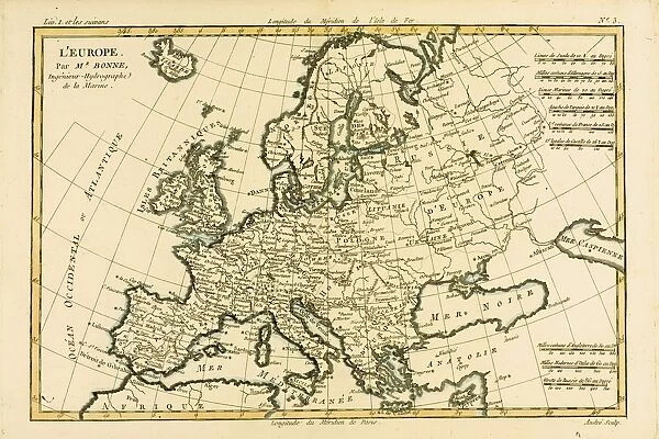 Map Of Europe, Circa 1760. From 'Atlas De Toutes Les Parties Connues Du Globe Terrestre 'By Cartographer Rigobert Bonne. Published Geneva Circa. 1760