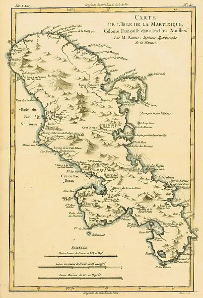 Map Of The Isle Of Martinique Circa. 1760. From 'Atlas De Toutes Les Parties Connues Du Globe Terrestre 'By Cartographer Rigobert Bonne. Published Geneva Circa. 1760