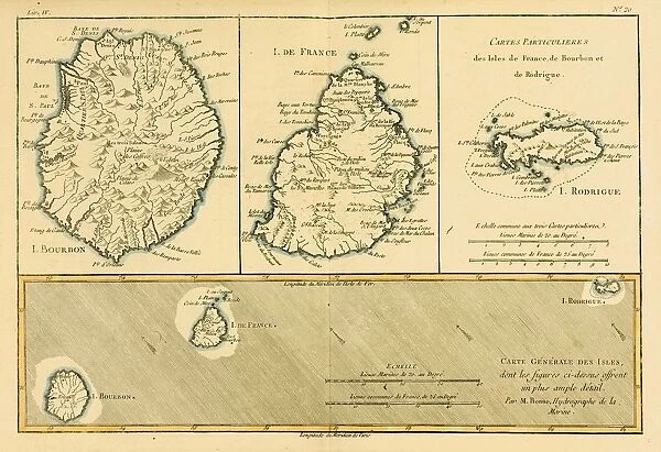 Map Of The Isles Of France, Bourbon And Rodrigue Circa. 1760. From 'Atlas De Toutes Les Parties Connues Du Globe Terrestre 'By Cartographer Rigobert Bonne. Published Geneva Circa. 1760