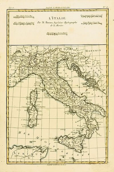 Map Of Italy, Circa. 1760. From 'Atlas De Toutes Les Parties Connues Du Globe Terrestre 'By Cartographer Rigobert Bonne. Published Geneva Circa. 1760