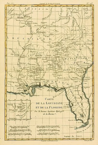 Map Of Louisianna And Florida Circa. 1760. From 'Atlas De Toutes Les Parties Connues Du Globe Terrestre 'By Cartographer Rigobert Bonne. Published Geneva Circa. 1760