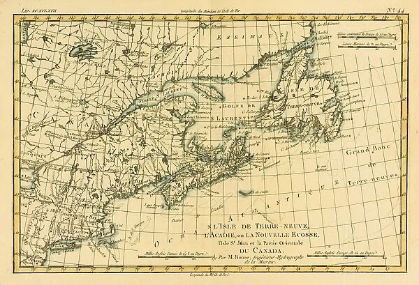 Map Of Newfoundland Nova Scotia And Eastern Canada Circa. 1760. From 'Atlas De Toutes Les Parties Connues Du Globe Terrestre 'By Cartographer Rigobert Bonne. Published Geneva Circa. 1760