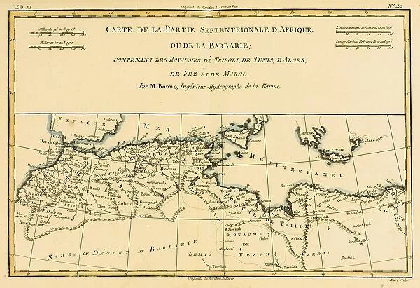 Map Of North Africa Circa. 1760. From 'Atlas De Toutes Les Parties Connues Du Globe Terrestre 'By Cartographer Rigobert Bonne. Published Geneva Circa. 1760
