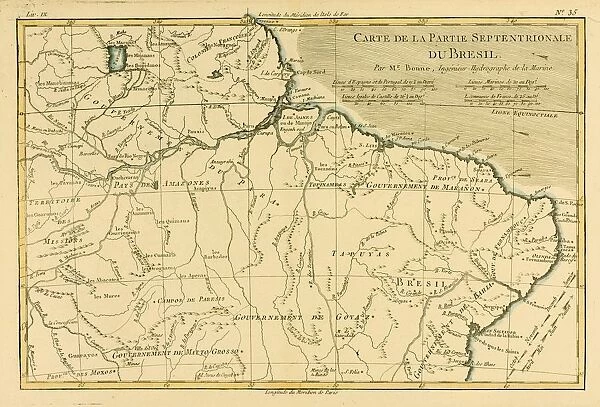 Map Of Northern Brazil, Circa. 1760. From 'Atlas De Toutes Les Parties Connues Du Globe Terrestre 'By Cartographer Rigobert Bonne. Published Geneva Circa. 1760