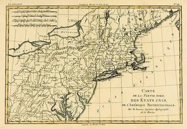 Map Of The Northern United States Of North America Circa. 1760. From 'Atlas De Toutes Les Parties Connues Du Globe Terrestre 'By Cartographer Rigobert Bonne. Published Geneva Circa. 1760