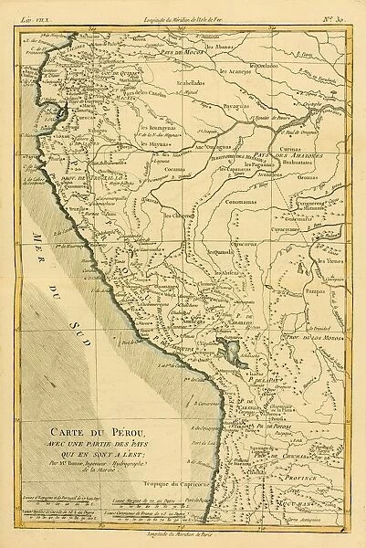 Map Of Peru, Circa. 1760. From 'Atlas De Toutes Les Parties Connues Du Globe Terrestre 'By Cartographer Rigobert Bonne. Published Geneva Circa. 1760