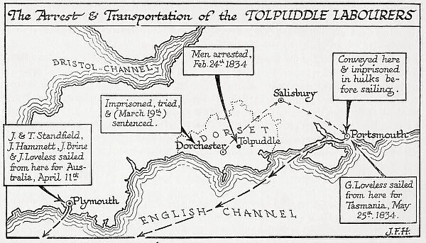 Map showing the arrest and transportation to Australia and Tasmania of the Tolpuddle Labourers, 1834. The Tolpuddle Martyrs, a group of 19th-century Dorset agricultural labourers who were arrested for and convicted of swearing a secret oath as members of the Friendly Society of Agricultural Labourers, they were sentenced to penal transportation to Australia and Tasmania. From The Martyrs of Tolpuddle, published 1934