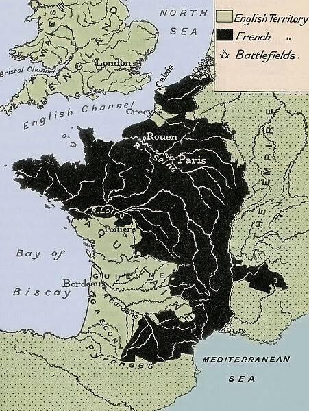 Map Showing The English Dominions In France After The Treaty Of Calais In 1360. From A First Book Of British History Published 1925