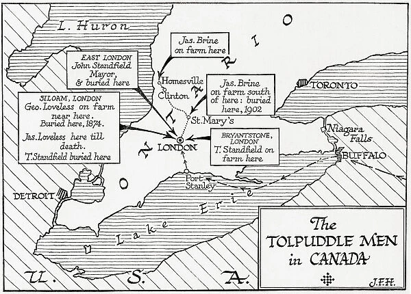 Map showing the placings in Canada of The Tolpuddle Martyrs, a group of 19th-century Dorset agricultural labourers who were arrested for and convicted of swearing a secret oath as members of the Friendly Society of Agricultural Labourers, they were sentenced to penal transportation to Australia and Tasmania. From The Martyrs of Tolpuddle, published 1934