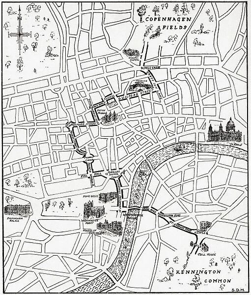 Map showing the route of the demonstration at Copenhagen Fields, London, England 21 April 1834 in protest against the deportation of the Tolpuddle Martyrs. The Tolpuddle Martyrs, a group of 19th-century Dorset agricultural labourers who were arrested for and convicted of swearing a secret oath as members of the Friendly Society of Agricultural Labourers, they were sentenced to penal transportation to Australia and Tasmania. From The Martyrs of Tolpuddle, published 1934. From The Martyrs of Tolpuddle, published 1934