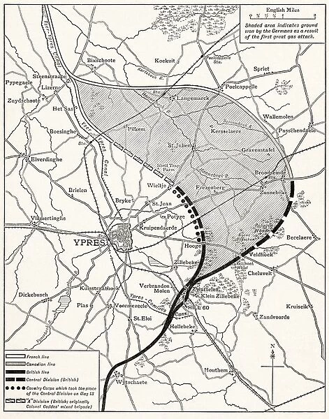 Map Showing The Ypres Salient Before And After The Second Battle Of Ypres April And May 13 1915. From The Great World War A History Volume Iii, Published 1916