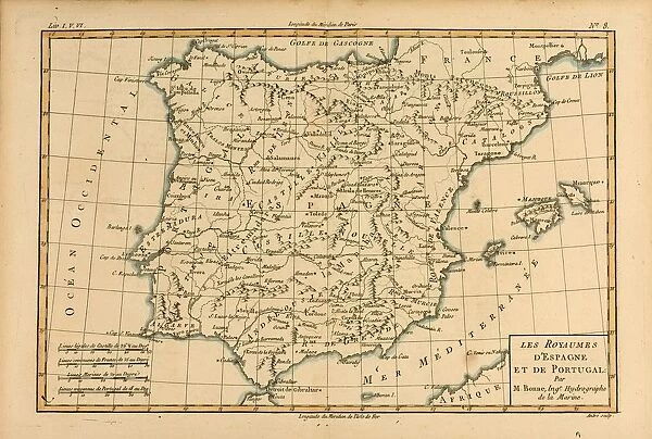 Map Of Spain And Portugal, Circa. 1760. From 'Atlas De Toutes Les Parties Connues Du Globe Terrestre 'By Cartographer Rigobert Bonne. Published Geneva Circa. 1760