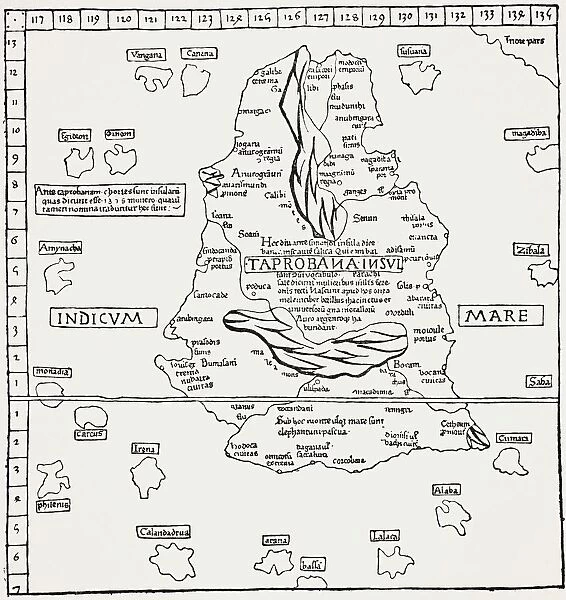 Map Of Taprobana Island. Reduced Facsimile Of A Map In Ptolemys Geography, In The Latin Edition Of 1492. From Science And Literature In The Middle Ages By Paul Lacroix Published London 1878