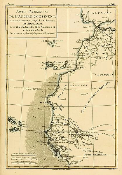Map Of West Africa Circa. 1760. From 'Atlas De Toutes Les Parties Connues Du Globe Terrestre 'By Cartographer Rigobert Bonne. Published Geneva Circa. 1760