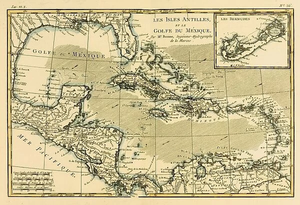 Map Of The West Indies And The Mexican Gulf, Circa. 1760. From 'Atlas De Toutes Les Parties Connues Du Globe Terrestre 'By Cartographer Rigobert Bonne. Published Geneva Circa. 1760