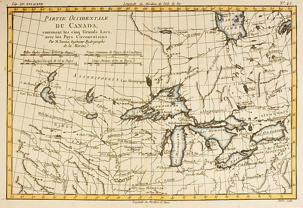 Map Of Western Canada Including The Five Great Lakes, Circa 1760. From Atlas De Toutes Les Parties Connues Du Globe Terrestre By Cartographer Rigobert Bonne Published Geneva Circa 1760