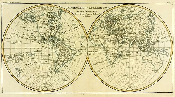 Map Of World Circa. 1760. From 'Atlas De Toutes Les Parties Connues Du Globe Terrestre 'By Cartographer Rigobert Bonne. Published Geneva Circa. 1760