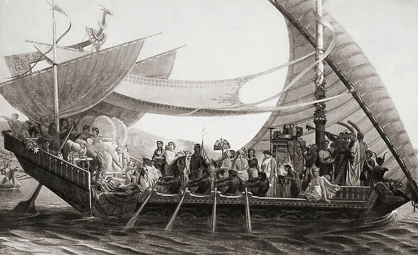 Marc Antony and Cleopatra aboard her royal barge. After a painting by French artist Henri-Pierre Picou in the book Triumphs of Modern Art, published 1891