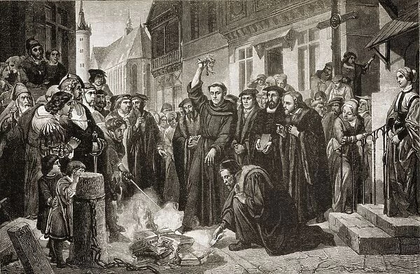Martin Luther (1483-1546) Burning The Papal Bull (Exurge Domine) Along With The Book Of Church Law And Many Other Books By His Enemies On December 10, 1520 In Wittenberg Where The Luther Oak (Luthereiche) Stands Today. From The Picture By F. Martersteig