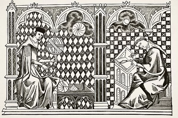 Mathematician Monks, One Teaching The Globe, The Other Copying A Manuscript After A Miniature In The 13Th Century Manuscript Image Of The World From Science And Literature In The Middle Ages By Paul Lacroix Published London 1878