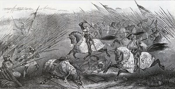 Medieval Cavalry Charging Against Infantry. From A 19Th Century Engraving