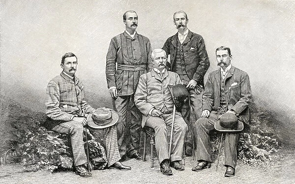 Members Of Sir Henry Morton Stanleys Emin Pasha Relief Expedition, 1886-1889. From Left To Right, Surgeon-General Thomas Heazle Parke, 1857 To 1893. Irish Doctor, Explorer, Soldier And Naturalist. Captain Robert Henry Nelson, 1853 To 1892. British Army Officer And African Explorer. Sir Henry Morton Stanley, 1841 To 1904. Welsh Journalist And Explorer Of Africa. William Grant Stairs, 1863 To 1892. Canadian-British Explorer And Soldier. Arthur Jeremy Mounteney Jephson, 1859 To 1908. English Adventurer And African Explorer. From In Darkest Africa By Henry M. Stanley Published 1890